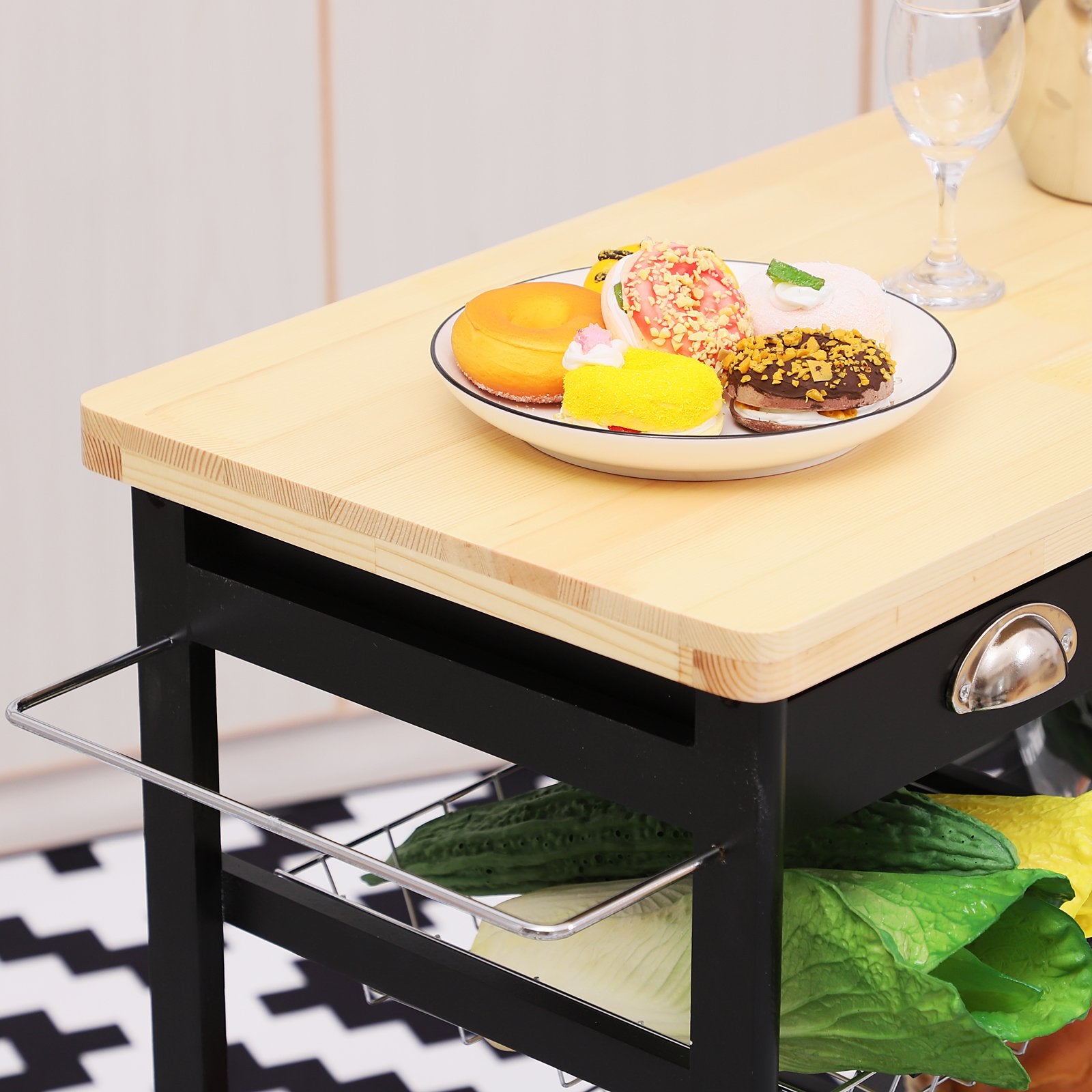 Rolling Kitchen Island Trolley Serving Cart Wheeled Storage Cabinet w/ Basket Shelves and Drawers Black