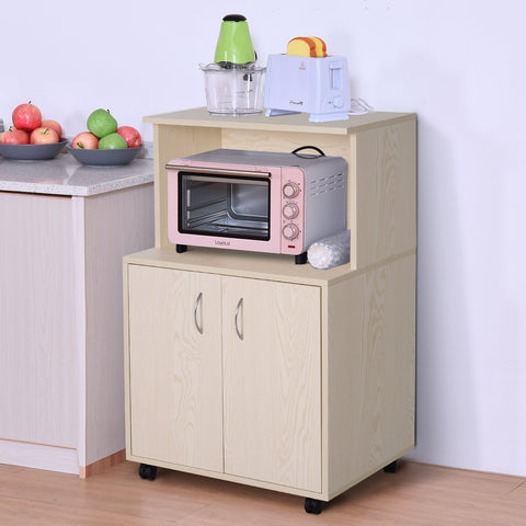 Image of Microwaves Cart on Wheels with Storage Shelf and Cabinet White Oak Grain Color