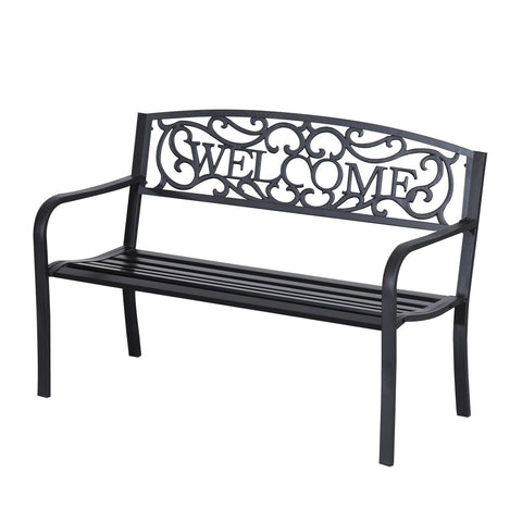 Image of 50” Steel 2 Seat Garden Bench Patio Decorative Chair Metal Backyard Seater Outdoor Furniture, Black