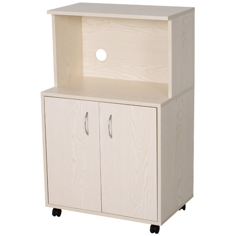 Image of Microwaves Cart on Wheels with Storage Shelf and Cabinet White Oak Grain Color