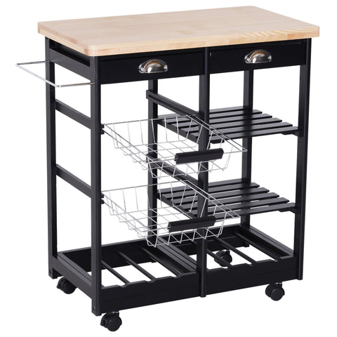 Image of Rolling Kitchen Island Trolley Serving Cart Wheeled Storage Cabinet w/ Basket Shelves and Drawers Black