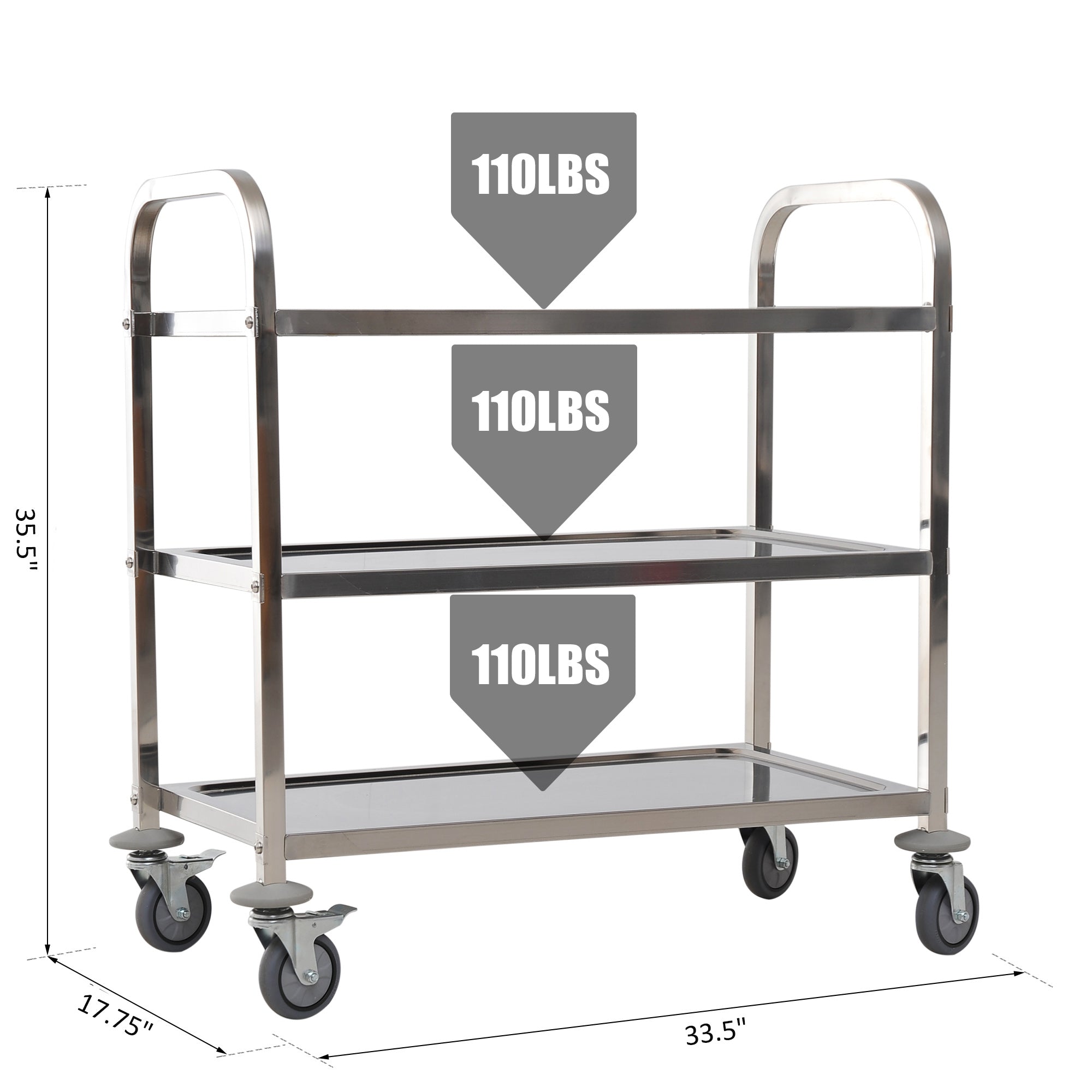 33" 3-Tier Stainless Steel Rolling Kitchen Island Cart