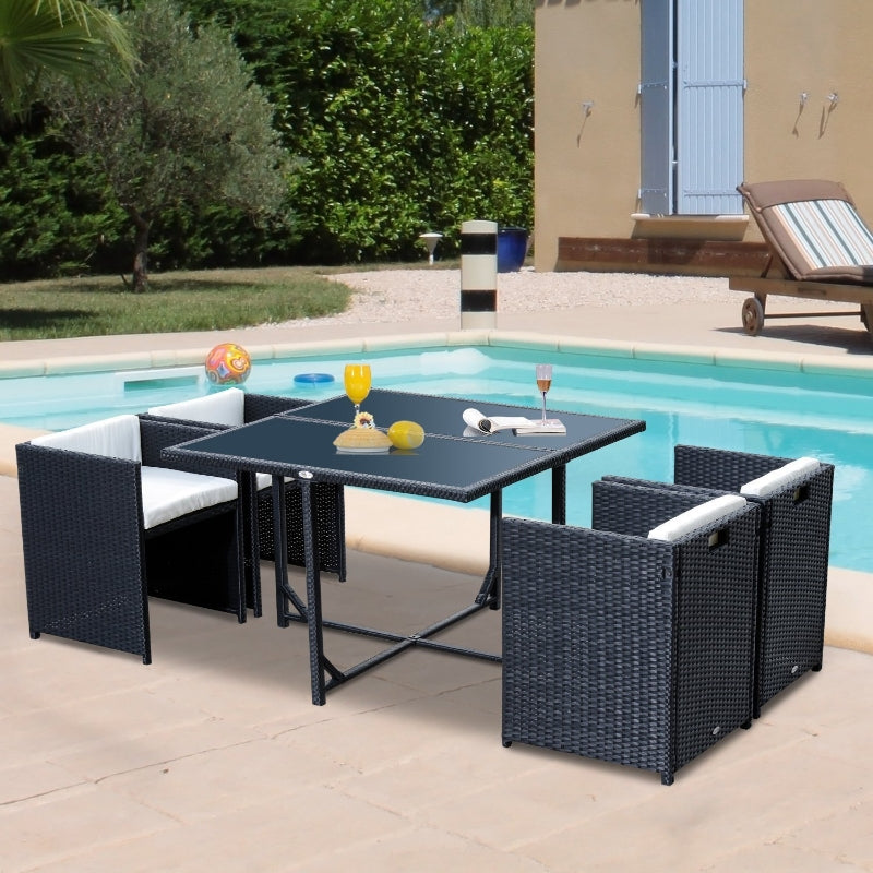 5pcs Rattan Wicker Dining Sofa Table Set Outdoor Patio Furniture with Cushion, Black