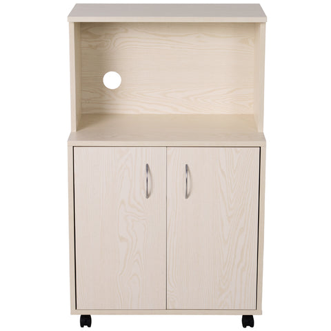 Image of Microwaves Cart on Wheels with Storage Shelf and Cabinet White Oak Grain Color