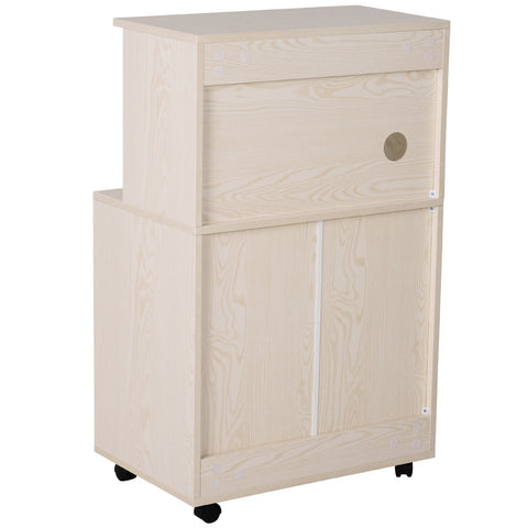 Image of Microwaves Cart on Wheels with Storage Shelf and Cabinet White Oak Grain Color