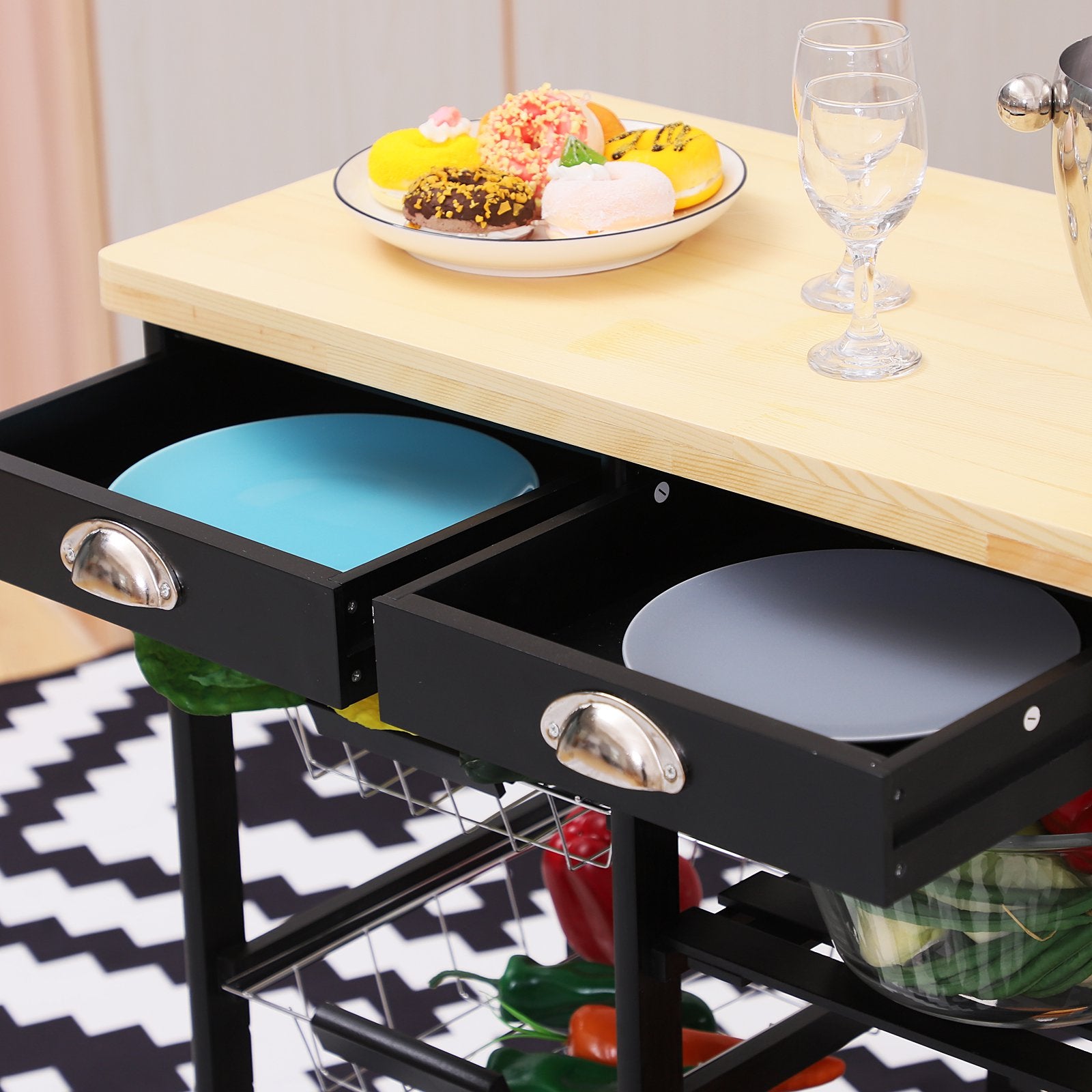 Rolling Kitchen Island Trolley Serving Cart Wheeled Storage Cabinet w/ Basket Shelves and Drawers Black