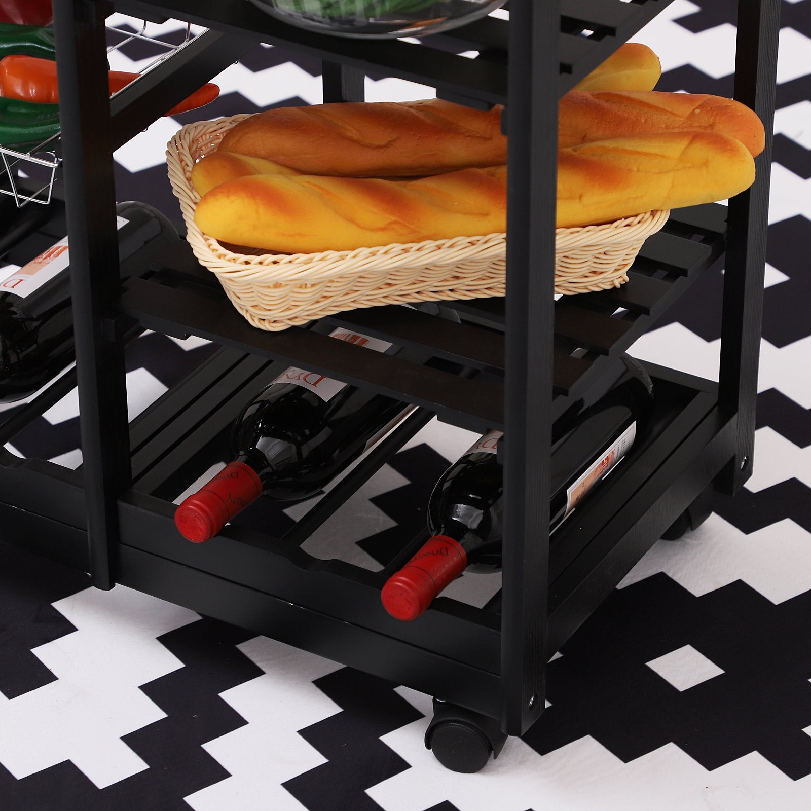 Rolling Kitchen Island Trolley Serving Cart Wheeled Storage Cabinet w/ Basket Shelves and Drawers Black