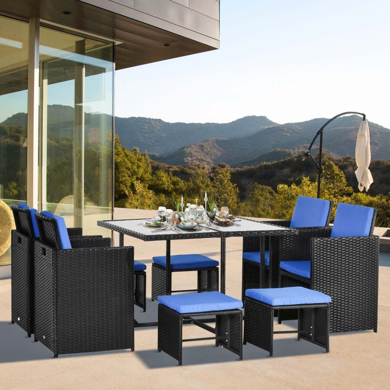 9 Piece Patio Wicker Dining Set Rattan Garden Sectional Sofa Outdoor Space-Saving Armchair & Ottoman Furniture Sets w/ Cushion, Comes in Blue, White or Grey Colour