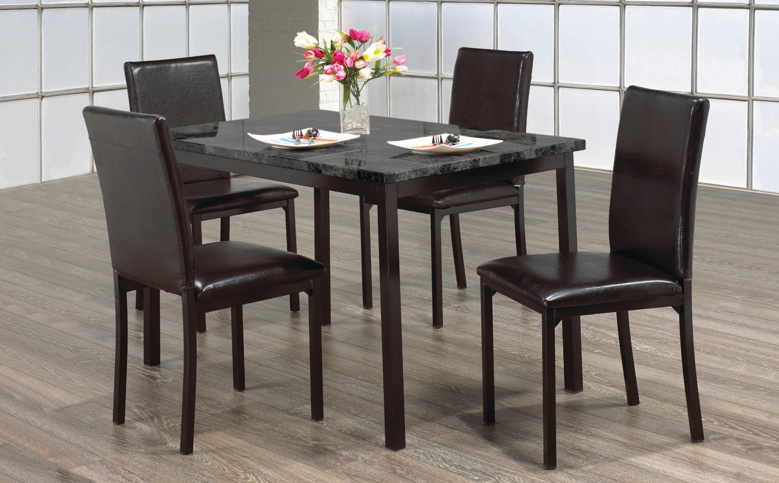 FURNITUREMATTRESSDIRECT-DINETTE SET-5 PC MARBLE TOP IN DARK GREY H-KS104