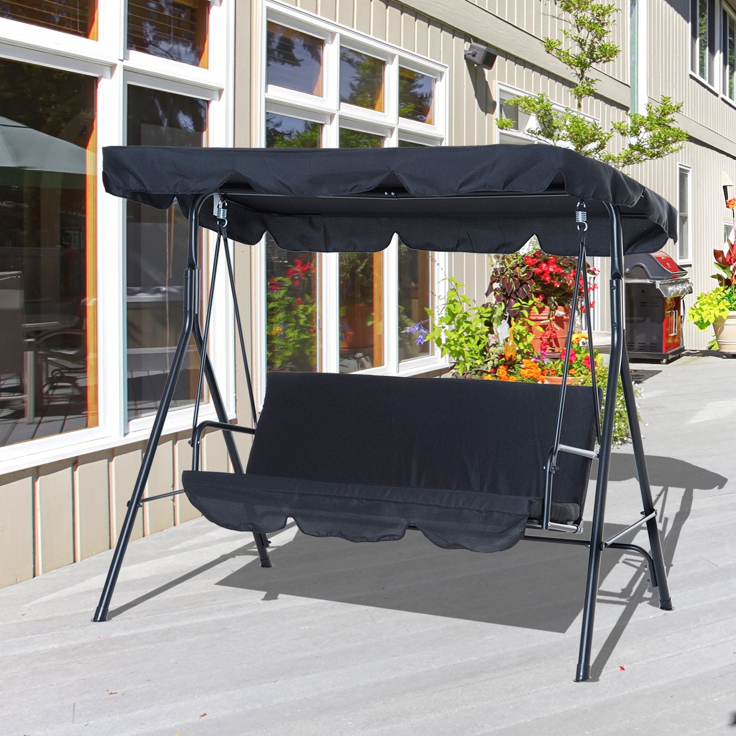 Metal 3-Seater Outdoor Patio Swing with Canopy Cushioned Garden Lounger Black