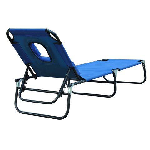 Image of Adjustable Portable Garden Beach Sun Lounger Chair Bed with Headrest Reading Hole Design Blue