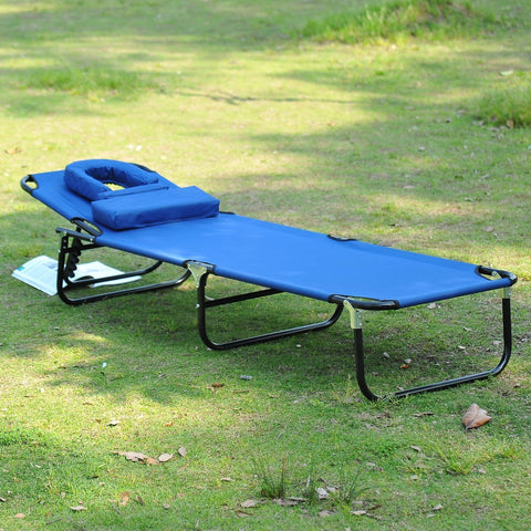 Image of Adjustable Portable Garden Beach Sun Lounger Chair Bed with Headrest Reading Hole Design Blue