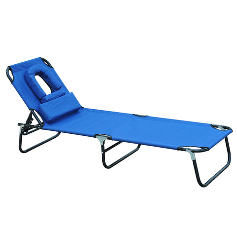 Image of Adjustable Portable Garden Beach Sun Lounger Chair Bed with Headrest Reading Hole Design Blue