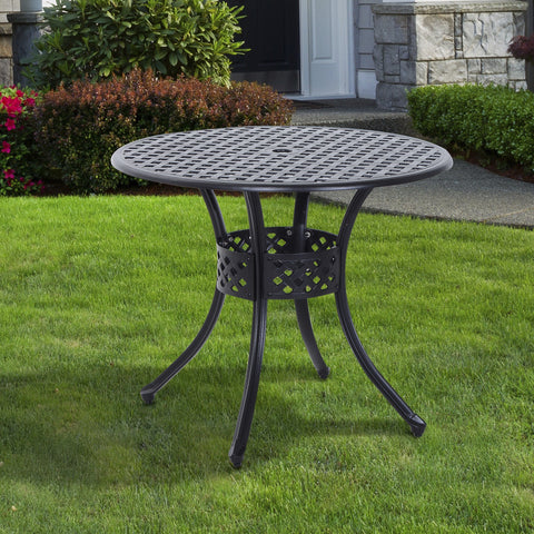 Image of Cast Aluminum Garden Round Dining Table Outdoor Garden Furniture Black with Umbrella Hole