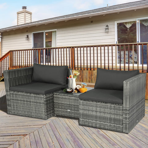 Image of 3 Pieces Patio PE Rattan Bistro Set Cushioned Armchair Sofa and Coffee Table Outdoor Furniture