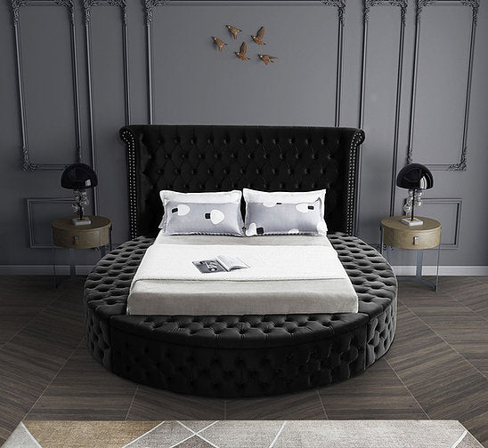 Black Velvet Fabric Bed with Deep Button Tufting and 3 Storage Benches