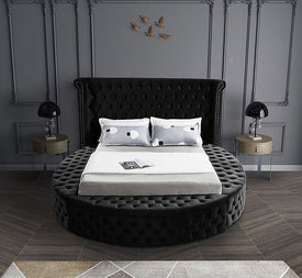 Black Velvet Fabric Bed with Deep Button Tufting and 3 Storage Benches