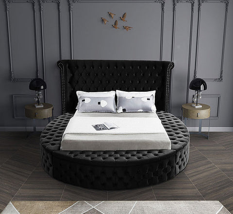 Image of Black Velvet Fabric Bed with Deep Button Tufting and 3 Storage Benches