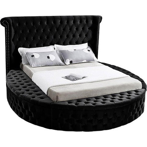 Image of Black Velvet Fabric Bed with Deep Button Tufting and 3 Storage Benches