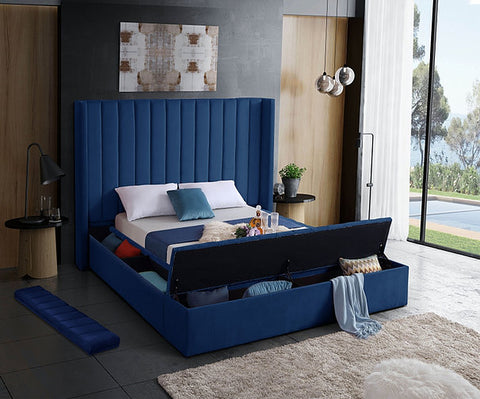 Image of Blue Velvet Fabric Bed with channel tufting and 3 Storage Benches **Shipped in the GTA Area Only**