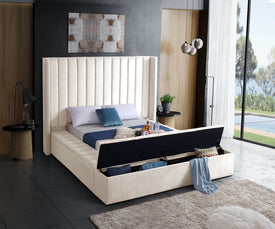 Creme Velvet Fabric Bed with channel tufting and 3 Storage Benches