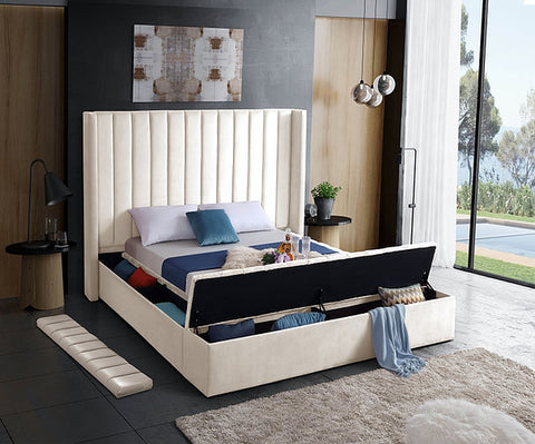 Image of Creme Velvet Fabric Bed with channel tufting and 3 Storage Benches