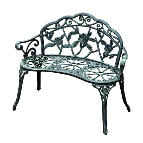Image of 40” Patio Outdoor Flowering Pattern Garden Park Bench Chair Cast Aluminum Outdoor Furniture Antique Green