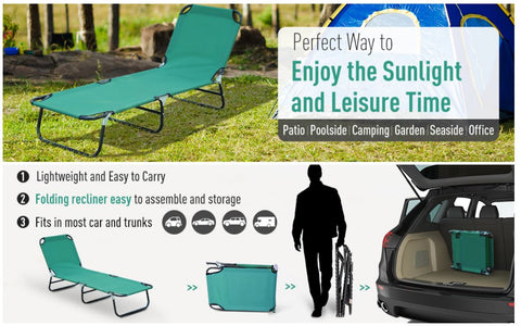 Image of Folding Portable Beach Lounge Chair Reclining Patio Garden Sun Lounger Bed Camping Cot Green