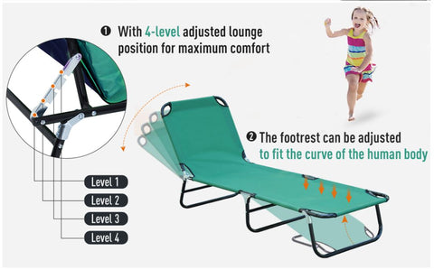 Image of Folding Portable Beach Lounge Chair Reclining Patio Garden Sun Lounger Bed Camping Cot Green