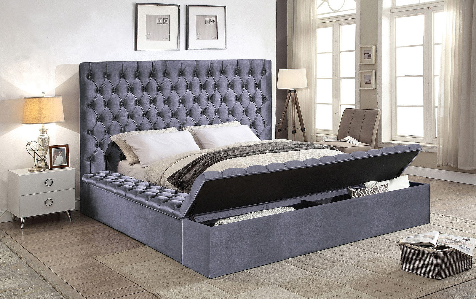 Grey Velvet Fabric Bed with 3 Storage Benches **Shipped in the GTA Area Only**