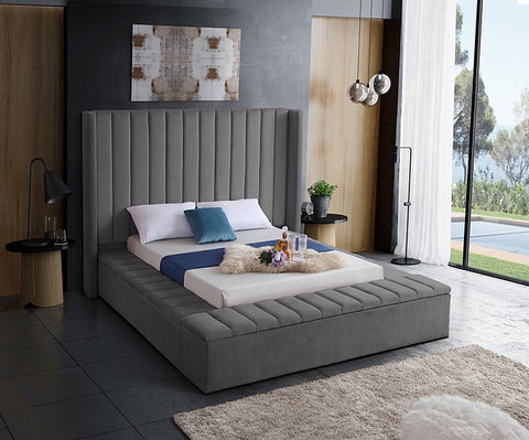 Image of Grey Velvet Fabric Bed with channel tufting and 3 Storage Benches **Shipped in the GTA Area Only**