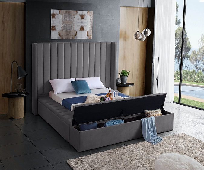 Grey Velvet Fabric Bed with channel tufting and 3 Storage Benches **Shipped in the GTA Area Only**
