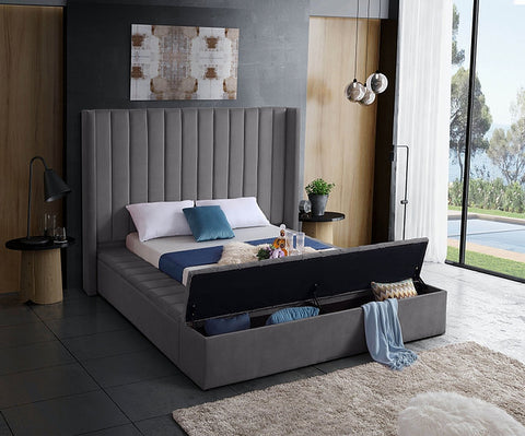 Image of Grey Velvet Fabric Bed with channel tufting and 3 Storage Benches **Shipped in the GTA Area Only**