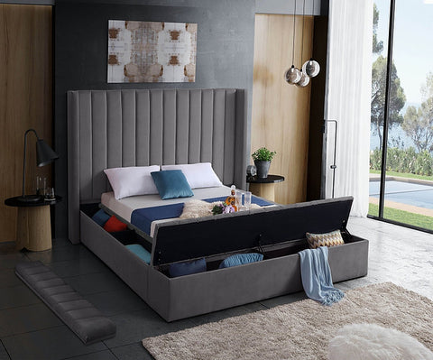 Image of Grey Velvet Fabric Bed with channel tufting and 3 Storage Benches **Shipped in the GTA Area Only**