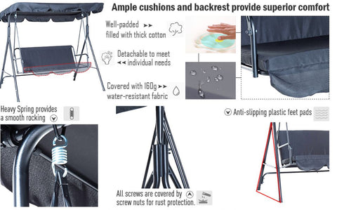 Image of Metal 3-Seater Outdoor Patio Swing with Canopy Cushioned Garden Lounger Brown