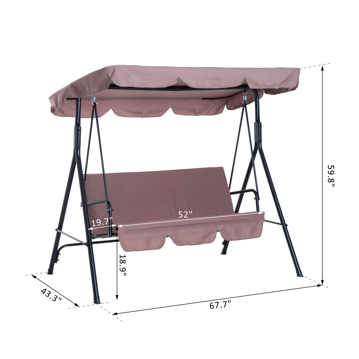Metal 3-Seater Outdoor Patio Swing with Canopy Cushioned Garden Lounger Brown