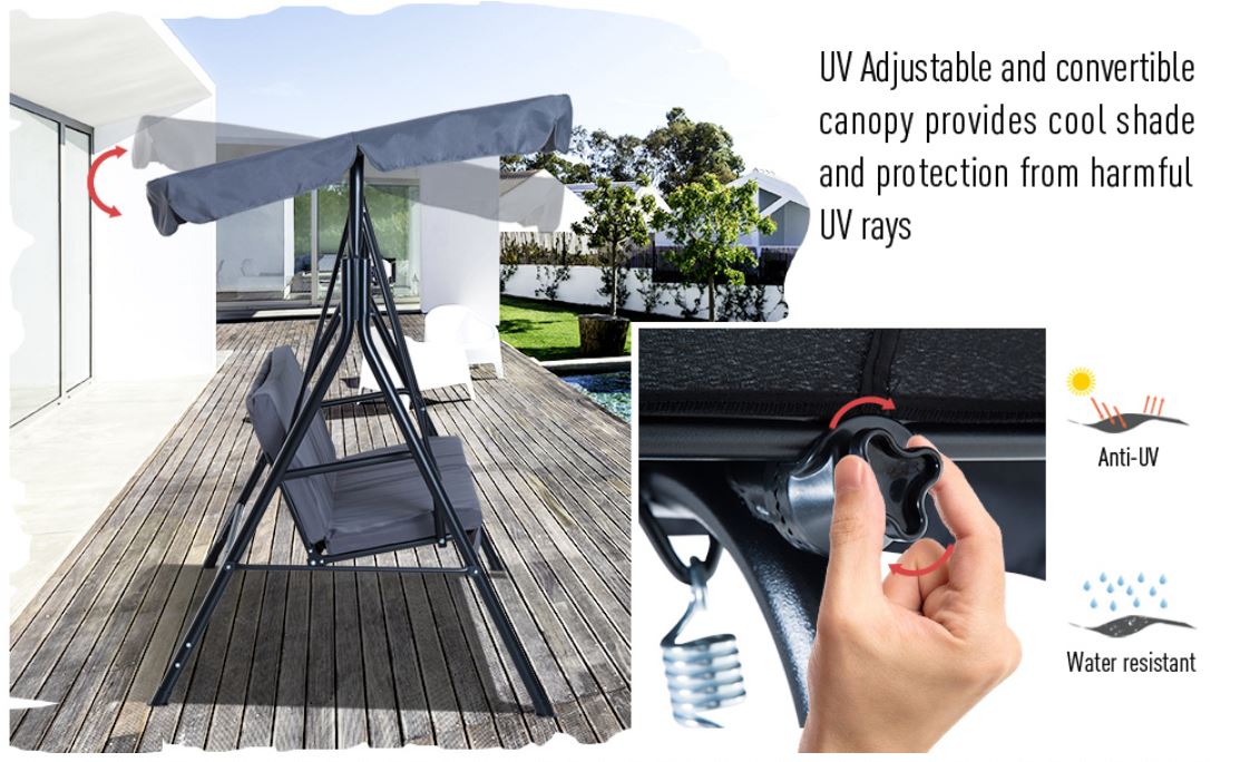 Metal 3-Seater Outdoor Patio Swing with Canopy Cushioned Garden Lounger Brown