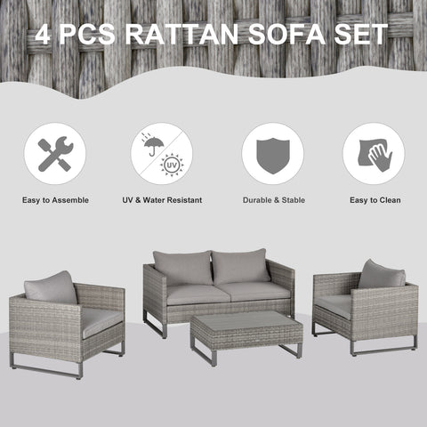 Image of 4 PCs PE Rattan Wicker Sofa Set Outdoor Conservatory Furniture Lawn Patio Coffee Table w/ Cushion, Grey