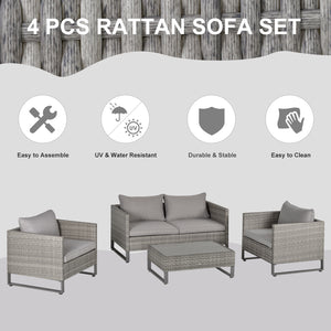 4 PCs PE Rattan Wicker Sofa Set Outdoor Conservatory Furniture Lawn Patio Coffee Table w/ Cushion, Grey