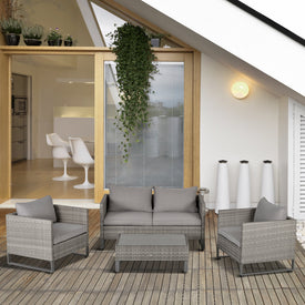 4 PCs PE Rattan Wicker Sofa Set Outdoor Conservatory Furniture Lawn Patio Coffee Table w/ Cushion, Grey