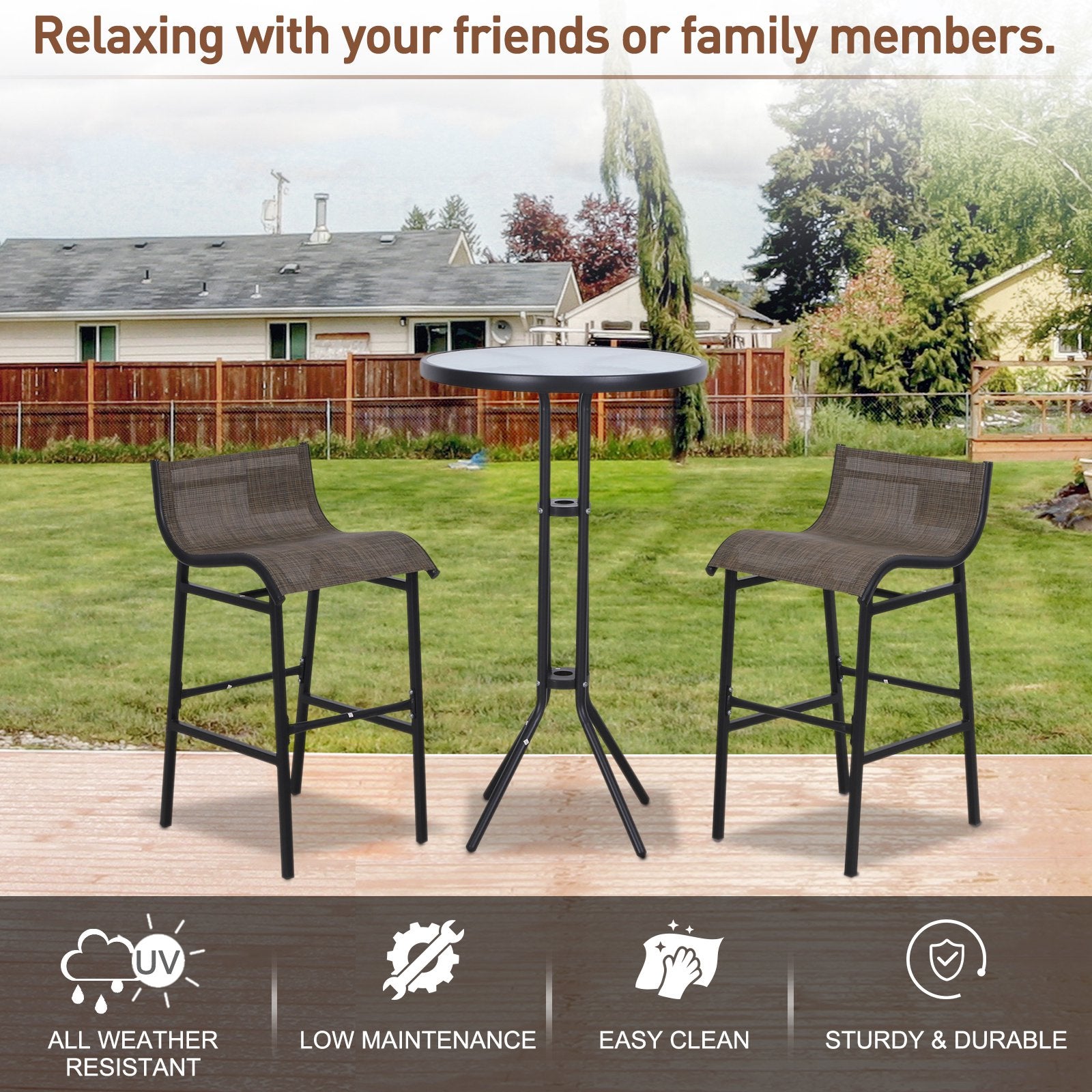 3pcs Outdoor Patio Pub Set Garden High Bistro Set 1 Table & 2 Bar Stool Dining Chat Set All Weather