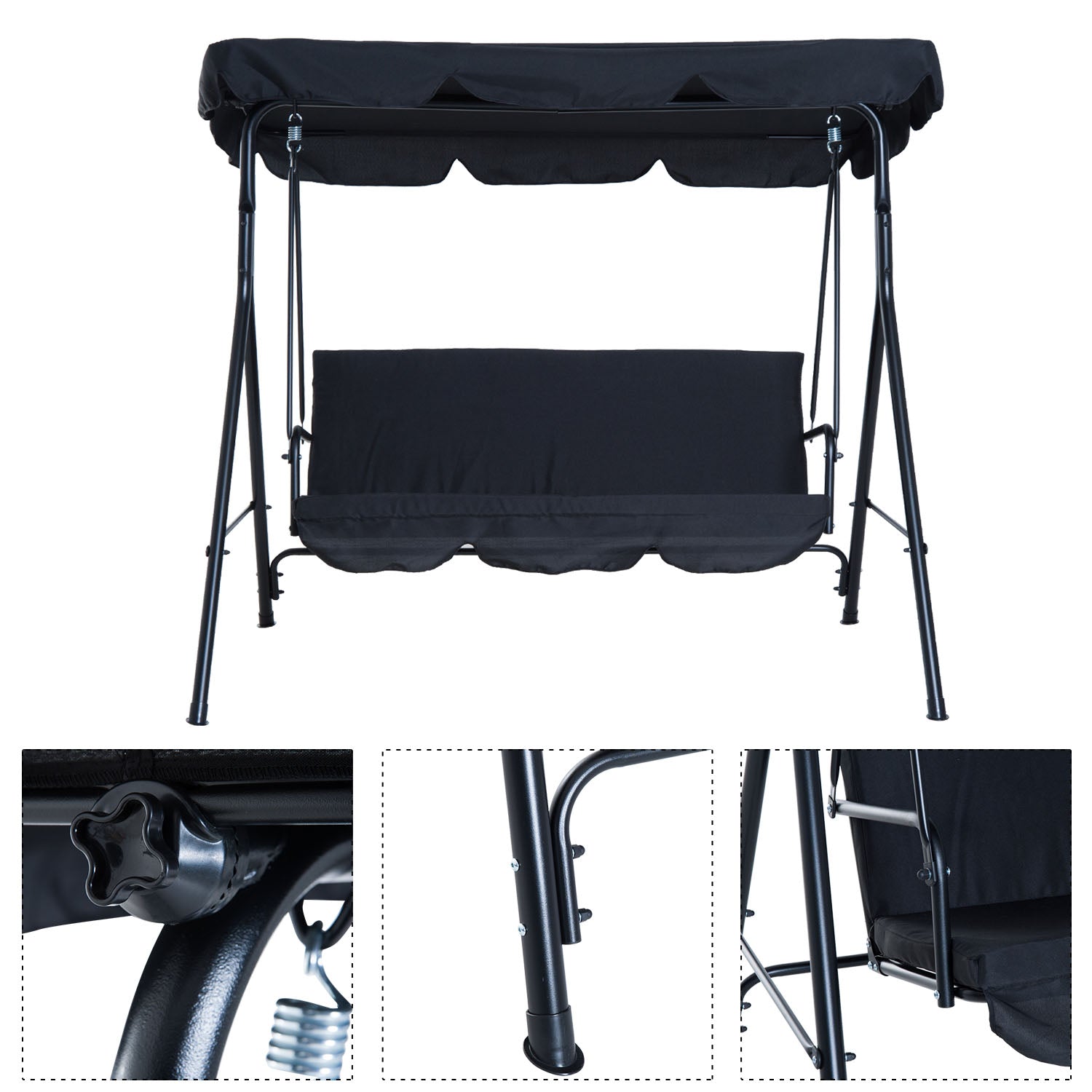 Metal 3-Seater Outdoor Patio Swing with Canopy Cushioned Garden Lounger Black