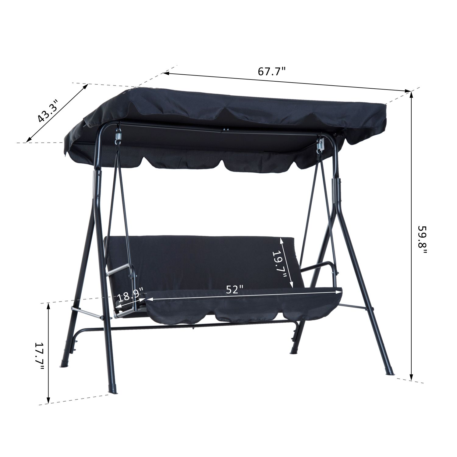 Metal 3-Seater Outdoor Patio Swing with Canopy Cushioned Garden Lounger Black