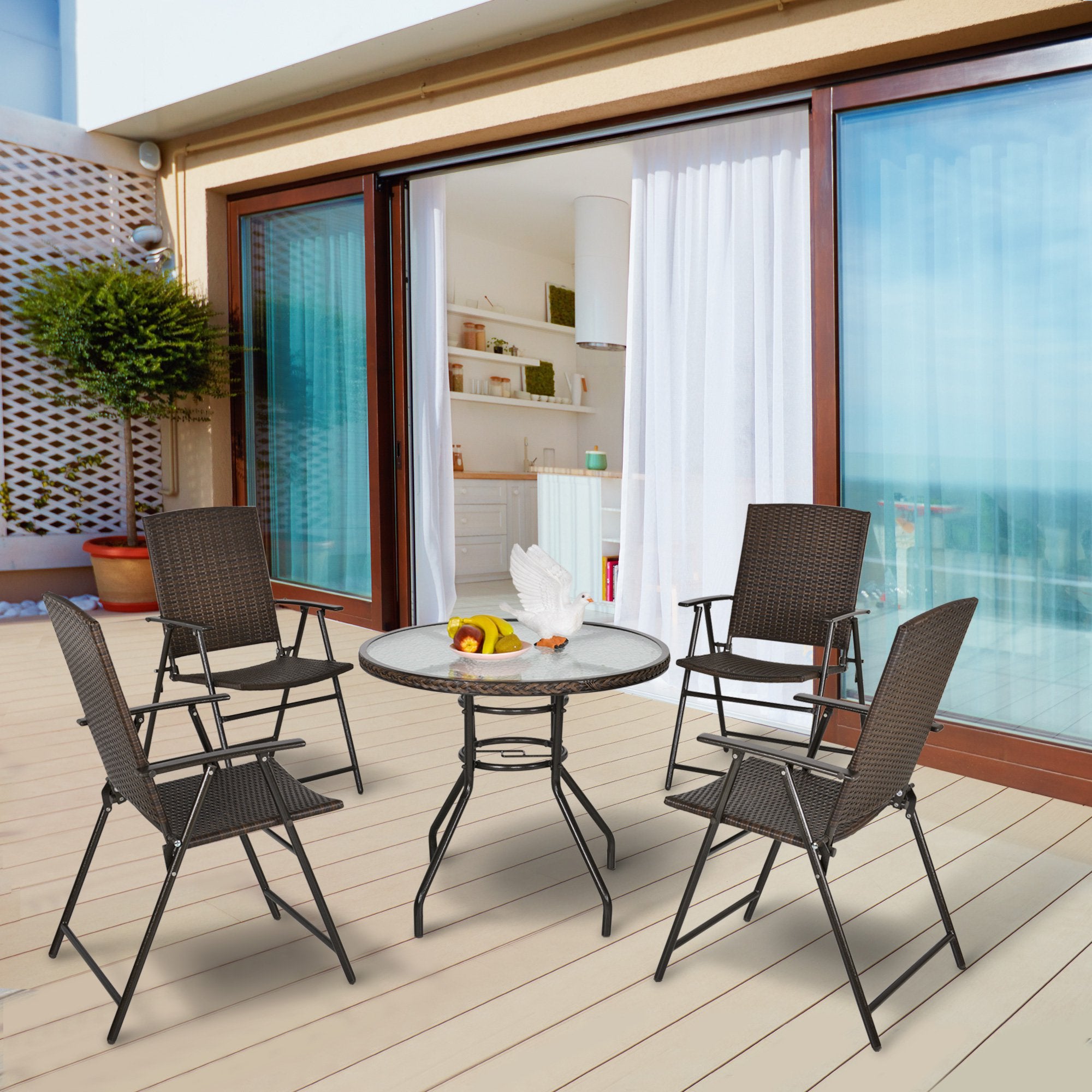 Rattan Wicker Patio Bar Chair Set UV Resistant Garden Furniture Set Outdoor & Indoor w/ Glass & Umbrella Hole Table Brown