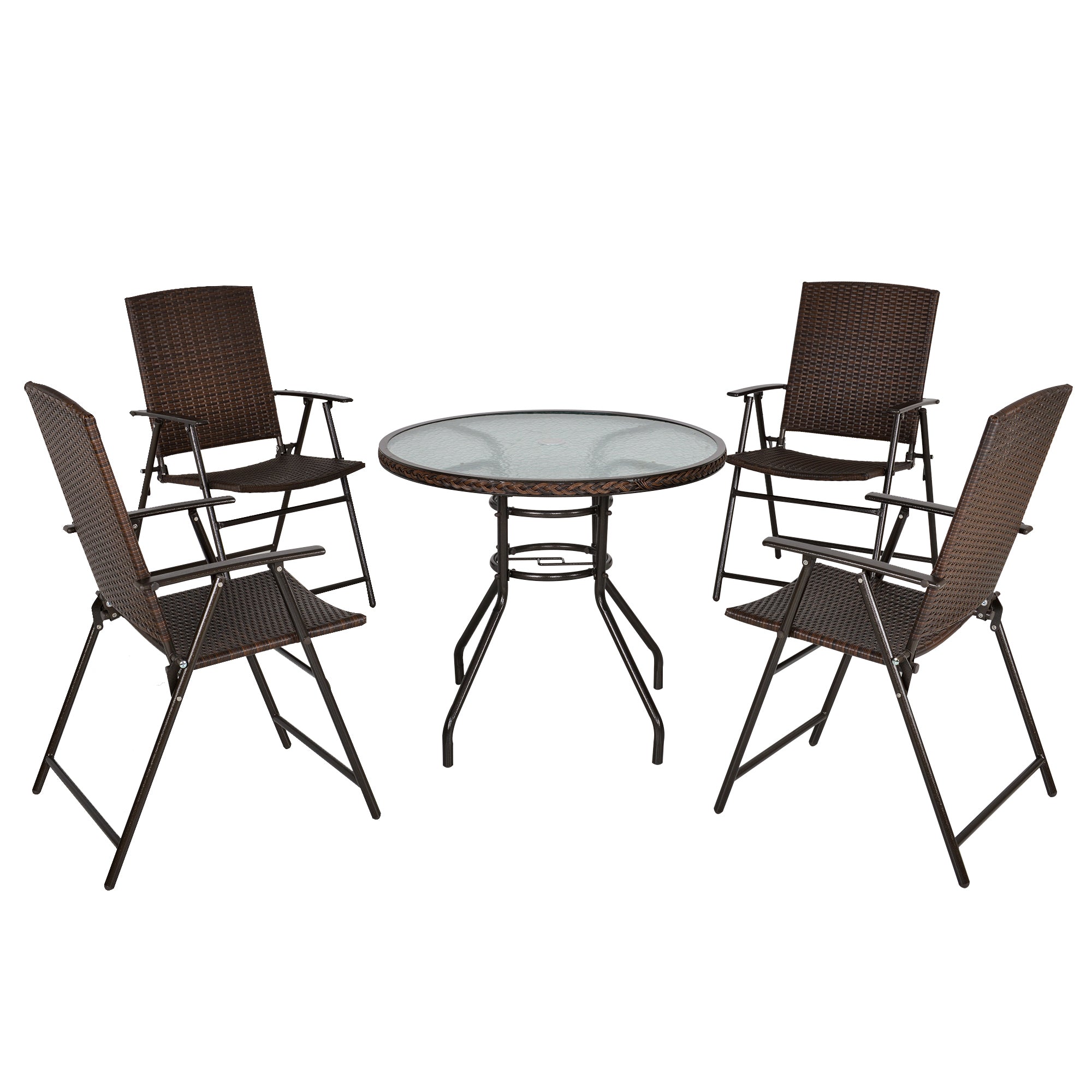 Rattan Wicker Patio Bar Chair Set UV Resistant Garden Furniture Set Outdoor & Indoor w/ Glass & Umbrella Hole Table Brown