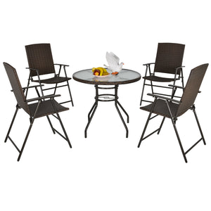 Rattan Wicker Patio Bar Chair Set UV Resistant Garden Furniture Set Outdoor & Indoor w/ Glass & Umbrella Hole Table Brown