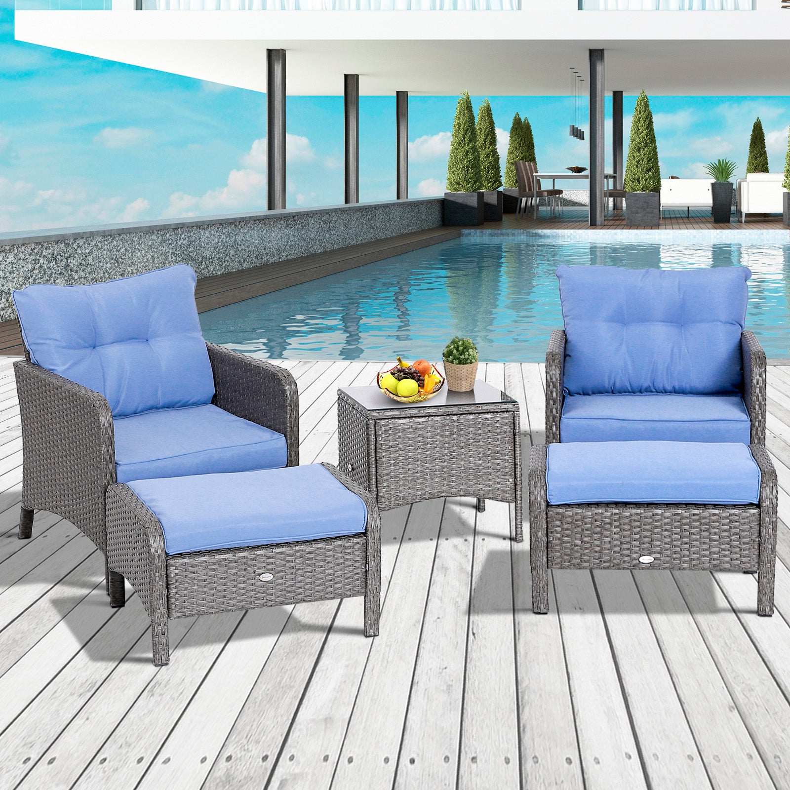 5pcs Patio Rattan Furniture Set Tea Table Footstool w/ Cushion