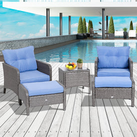 5pcs Patio Rattan Furniture Set Tea Table Footstool w/ Cushion