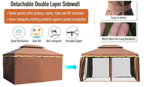 Image of 10’x13’ Steel Frame Double Top Gazebo Canopy w/ Mesh Netting Coffee