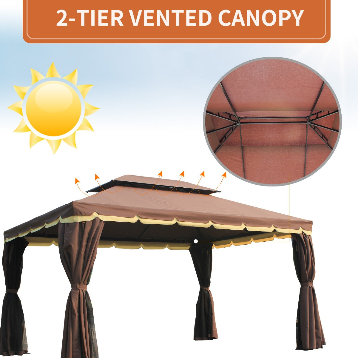 10’x13’ Steel Frame Double Top Gazebo Canopy w/ Mesh Netting Coffee